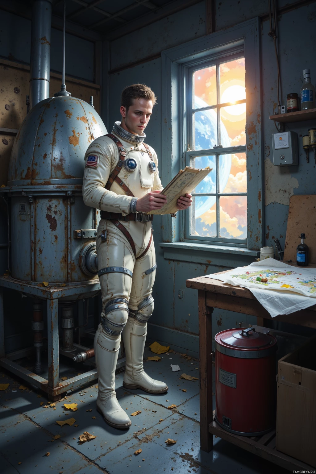 Realistic high quality photo. Male, 35, short light brown hair, blue eyes, pale skin, wearing a light flight suit with silver accents and white boots, standing in a dim workshop surrounded by a makeshift centrifuge built from rusted washing‑machine steel, holding a hand‑drawn notebook with a satellite diagram, a napkin with a map of his house on the workbench, while a bright solar flare illuminates the sky outside the broken window, reflecting his stubborn focus on cosmic orbit tracking.