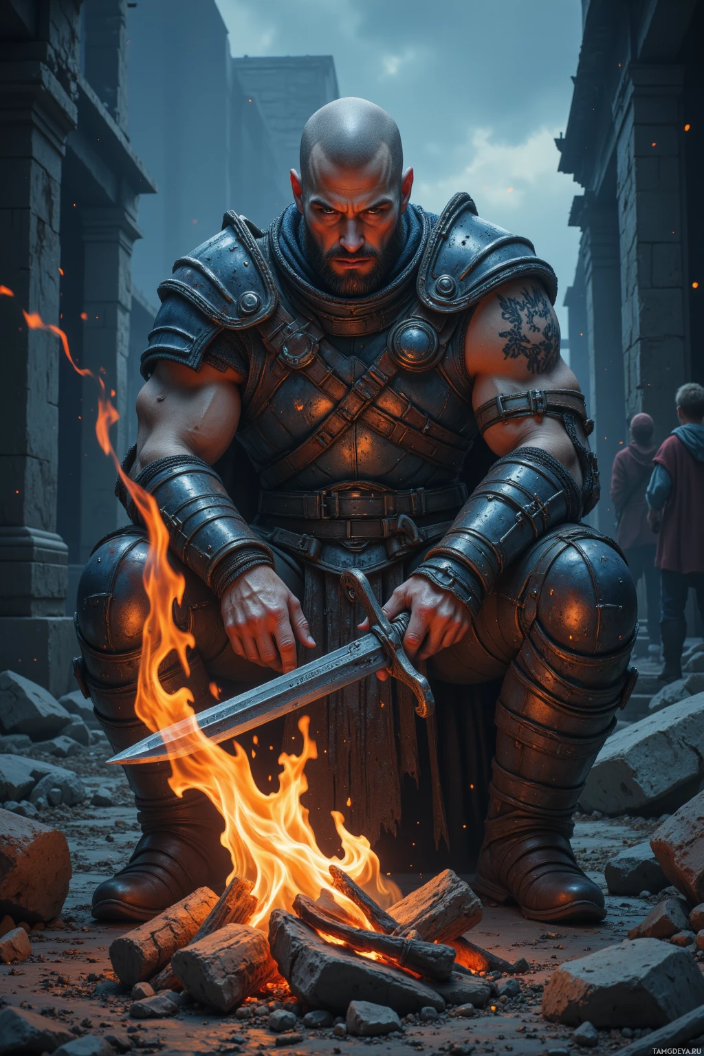 Realistic high quality photo. A muscular 36‑year‑old male warrior with a shaved head, pale skin, piercing blue eyes, wearing scarred worn battle armor, sharpening a steel blade by a glowing makeshift hearth in the ruined city at night, wind howling outside, survivors around him exchanging stories beneath a stormy sky, the hearth's fire casting a fierce glow.