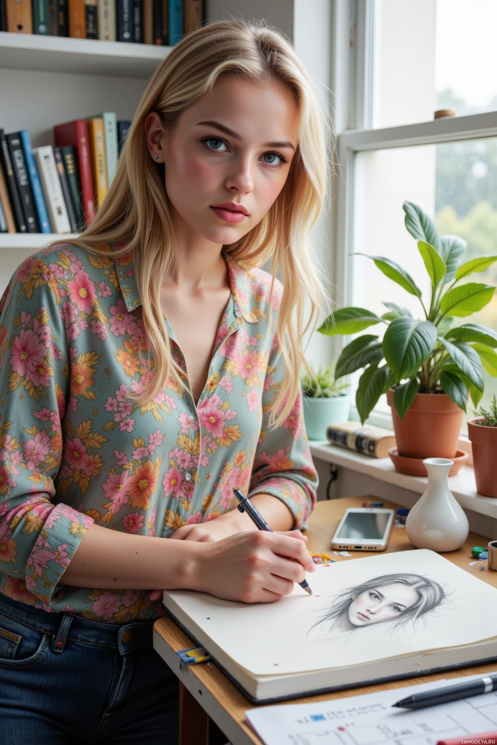 Realistic high quality photo. Woman, 24, long blonde hair, bright blue eyes, radiant white skin, wearing a colorful patterned blouse and casual pants, standing at a cluttered home office desk with a sketchpad open, sketching a portrait while juggling a phone, coffee mug, and a to‑do list, midday light streaming in, focused expression, determined yet slightly anxious, modern realism.
