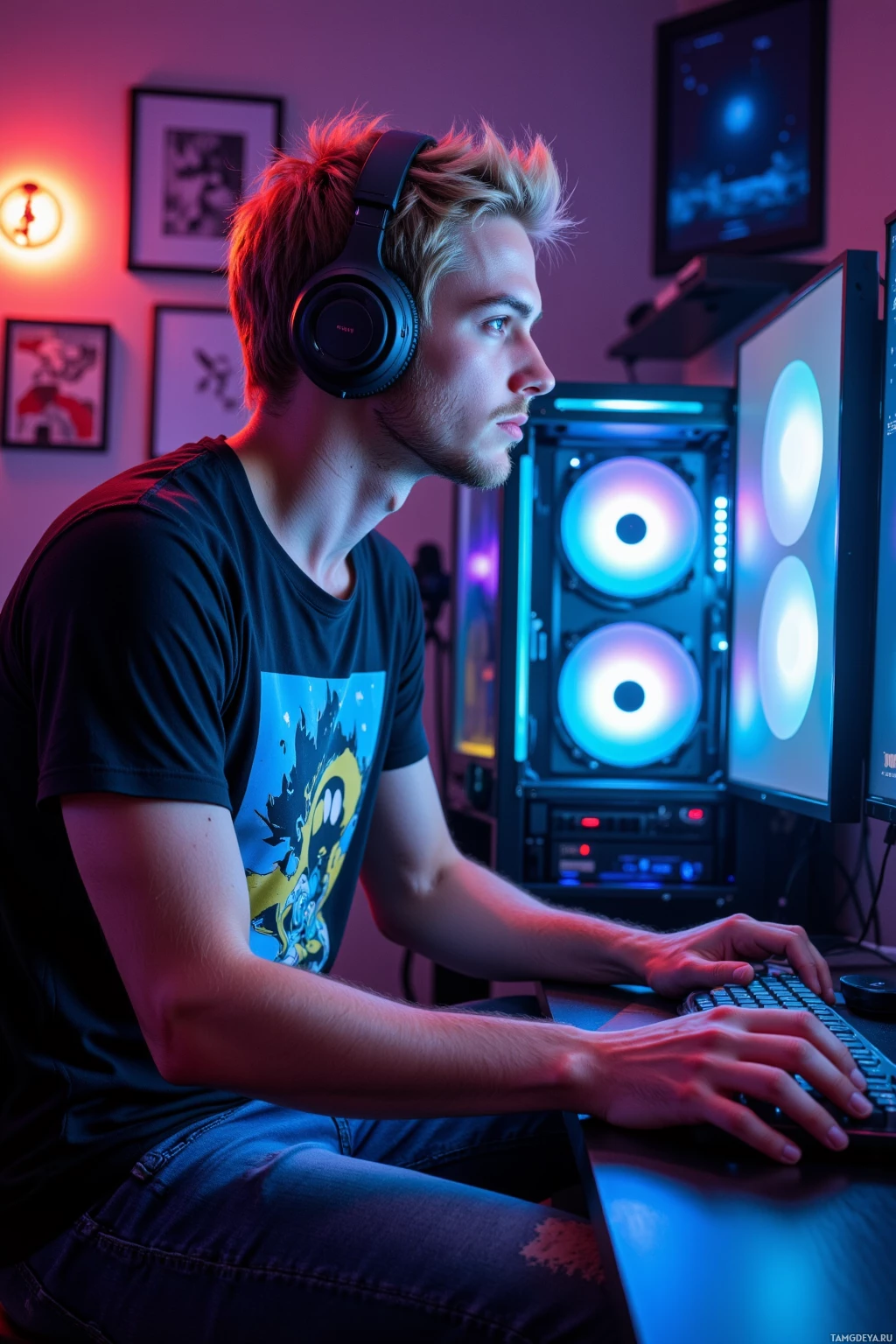 Realistic high quality photo. A 24‑year‑old man with messy blonde hair, bright blue eyes, pale skin, wearing a graphic T‑shirt, jeans, and a gaming headset, sits in a modern gaming room at night, hands poised on a mechanical keyboard in front of a custom RGB computer rig with colorful lighting, focused expression ready to launch a competitive game.