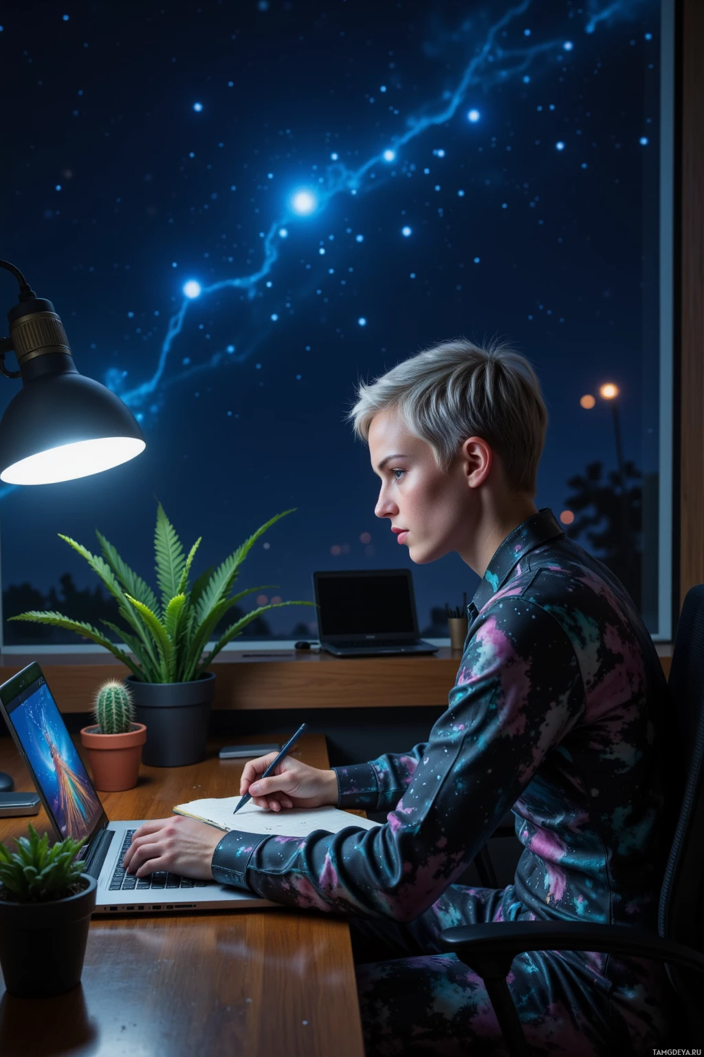 Realistic high quality photo. late night home office with a dim glow from a laptop livestream screen, a woman with short silver hair, blue eyes, wearing a sleek galaxy-patterned jumpsuit, pointing the Orion constellation at a potted cactus while a fern near her desk appears to receive a signal, she scribbles notes in a journal and a telescope rests beside a desk plant under realistic indoor lighting.