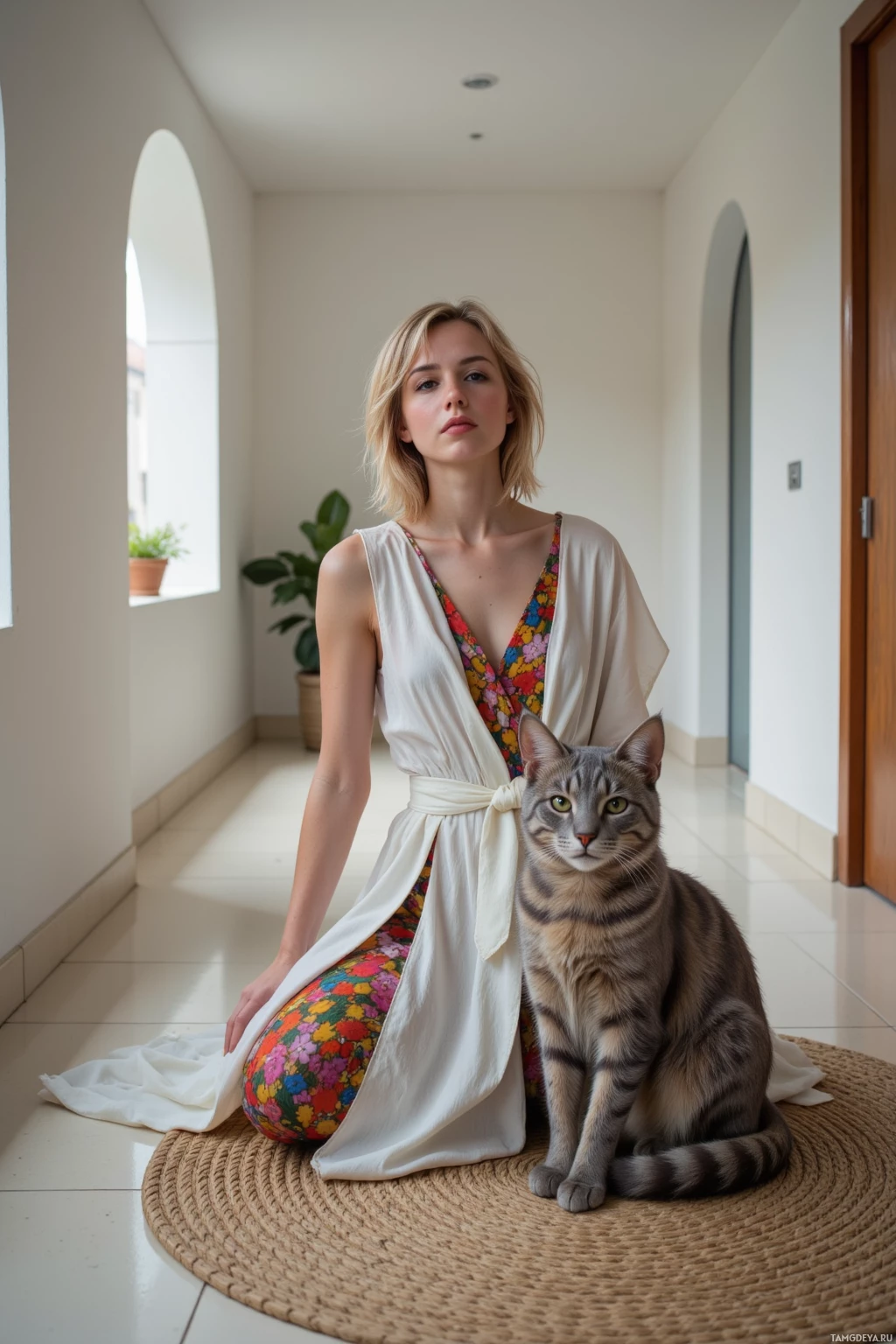 Realistic high quality photo. Modern hallway with soft natural light from a small polished window, a 32‑year‑old woman with light brown and pastel multicolored messy hair, green eyes, wearing a flowing white smock over a vibrant patterned dress cinched with a wide belt, sitting on a woven rug, practicing dramatic sighs with a sleek gray stray cat perched beside her, both in a contemplative, introspective pose against minimalist furnishings.