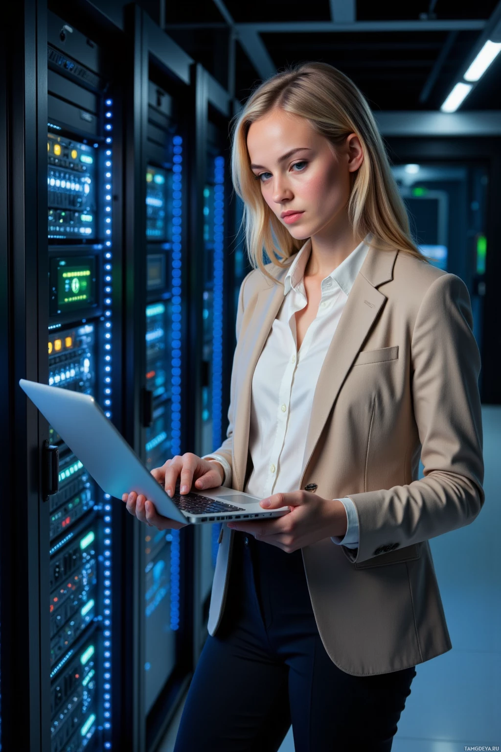 Realistic high quality photo. Female lawyer, 29, shoulder‑length blonde hair, blue eyes, beige blazer, white blouse, dark tailored pants, standing by a server rack at night in a modern office, reviewing a confidentiality addendum on a laptop, stern gaze, soft hum of servers and ambient LED lighting in the background.