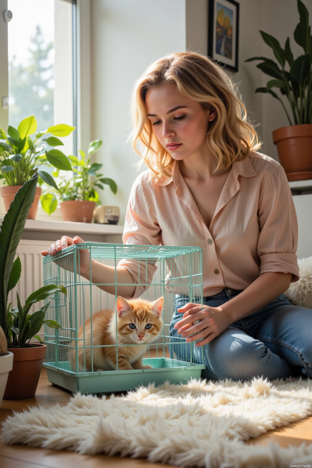 Realistic high quality photo. Morning light streams through a window onto a cozy apartment, where a woman with curly blonde hair, bright blue eyes, fair skin, wearing pastel-colored blouse and jeans gently coaxing a shy kitten into a tiny cage, surrounded by indoor plants and a soft rug.