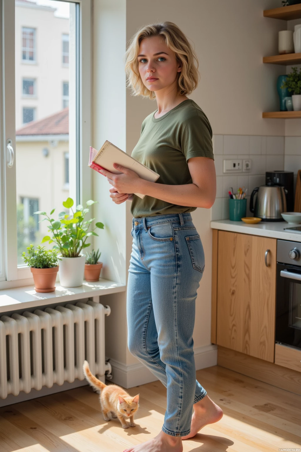 Realistic high quality photo. A 22‑year‑old woman with curly blonde hair, green eyes, warm beige skin, wearing a green t‑shirt tucked into high‑waisted jeans, stands by a window in a modern apartment, holding a notebook as a tiny frantic cat slips in, leaving a faint pawprint on the floor under soft afternoon light.