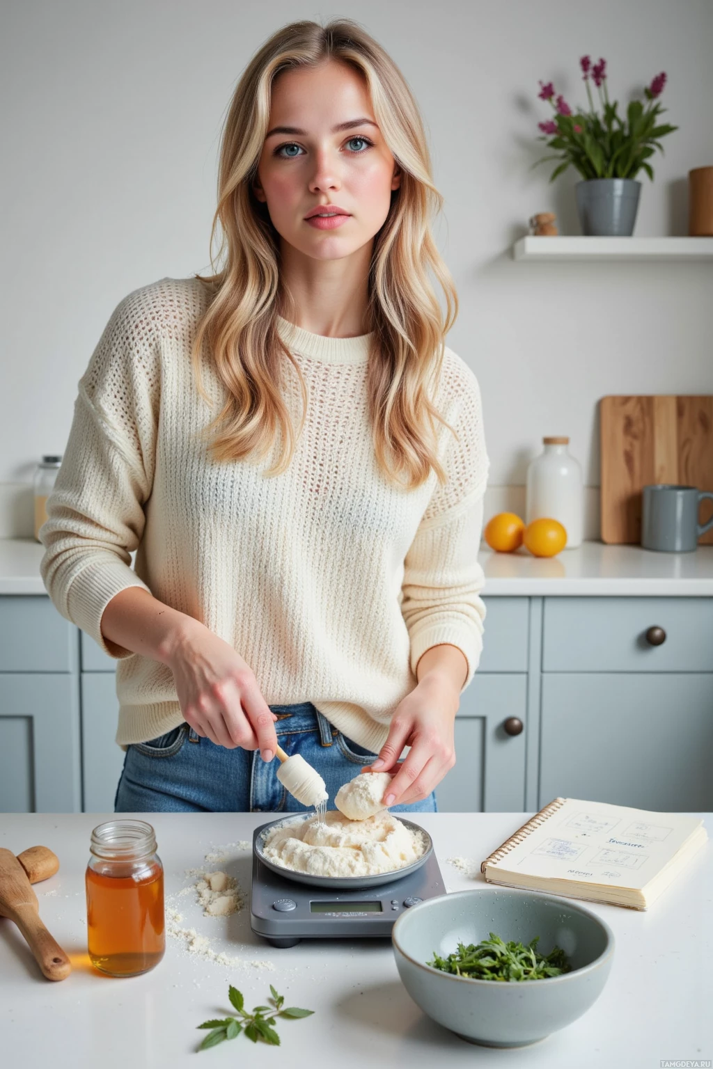 Realistic high quality photo. Woman, 26, long wavy blonde hair, bright blue eyes, wearing a soft knit sweater and relaxed-fit jeans, stands in a quiet modern kitchen measuring flour with a digital scale, a jar of local honey, a notebook of rise patterns, fresh herbs on the counter, and a bowl of seaweed‑infused dough, with soft morning light illuminating her meticulous, curious expression.