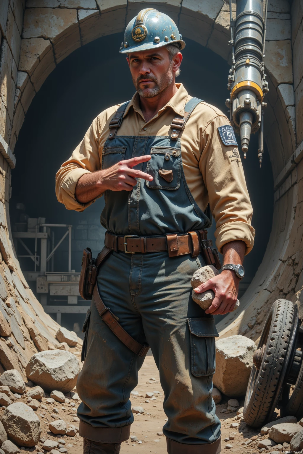 Realistic high quality photo. A rugged 38‑year‑old male with short blonde hair, blue eyes, angular features, wearing a worn‑out work helmet, dusty coveralls, and sturdy boots, standing at a mine shaft entrance in a quiet valley outside, pointing at a stopped drill while holding a lump of ore with a dry grin and focused expression, the conveyor belt humming in the background, modern realism.