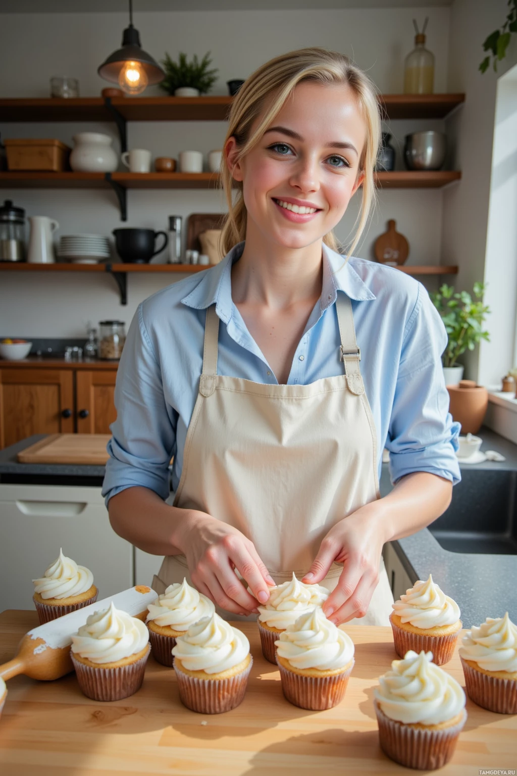Realistic high quality photo. A 29‑year‑old woman with short blonde hair, bright blue eyes, and fair skin, smiling warmly while arranging cupcakes on a wooden table at a pop‑up bake sale in a community shelter kitchen, wearing a light blue blouse and apron, with sunny afternoon light filtering in.