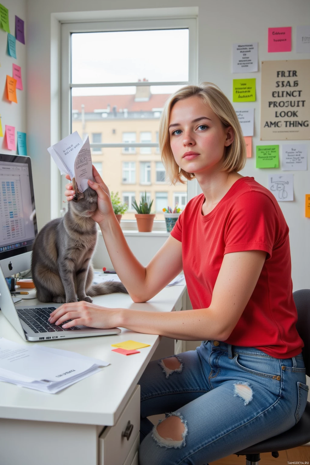 Realistic high quality photo. Woman, 22, short blonde hair, blue eyes, wearing a red t‑shirt and relaxed jeans, sits at a cluttered desk in a modern home office, laptop open to a spreadsheet while a gray cat leans against the screen, tossing printed drafts into a pile, doodling on a phone, surrounded by colorful sticky notes and a motivational quote on the wall, embodying playful chaotic creativity.