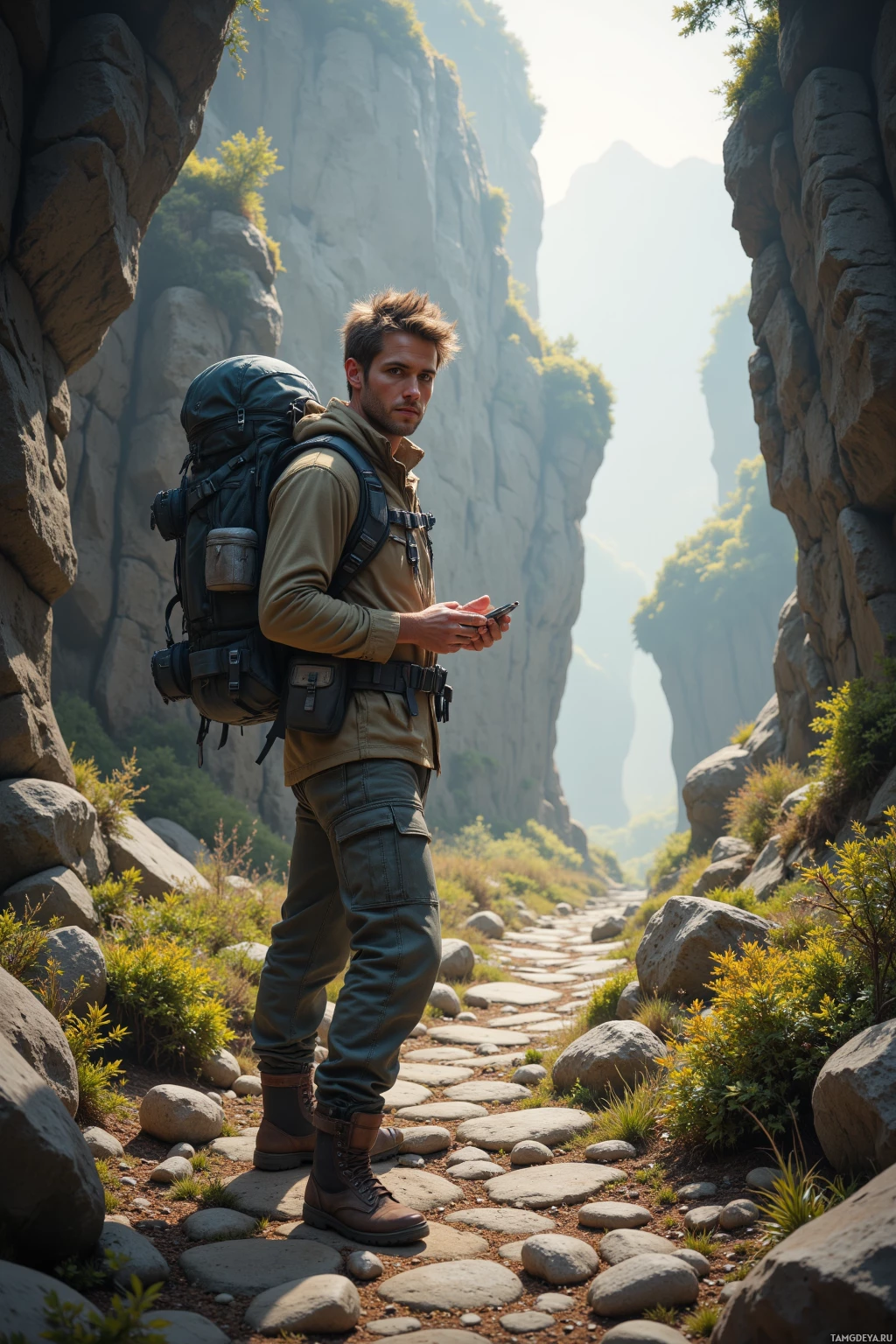 Realistic high quality photo. Male geologist, 34, short tousled light brown hair, piercing blue eyes, rugged features, wearing durable outdoor gear with sturdy backpack, cargo pants, hiking boots, standing at dawn in a misty valley among stone cliffs, holding a compass, examining a pebble on a path, patient and focused, with ancient rock formations and morning light filtering through.