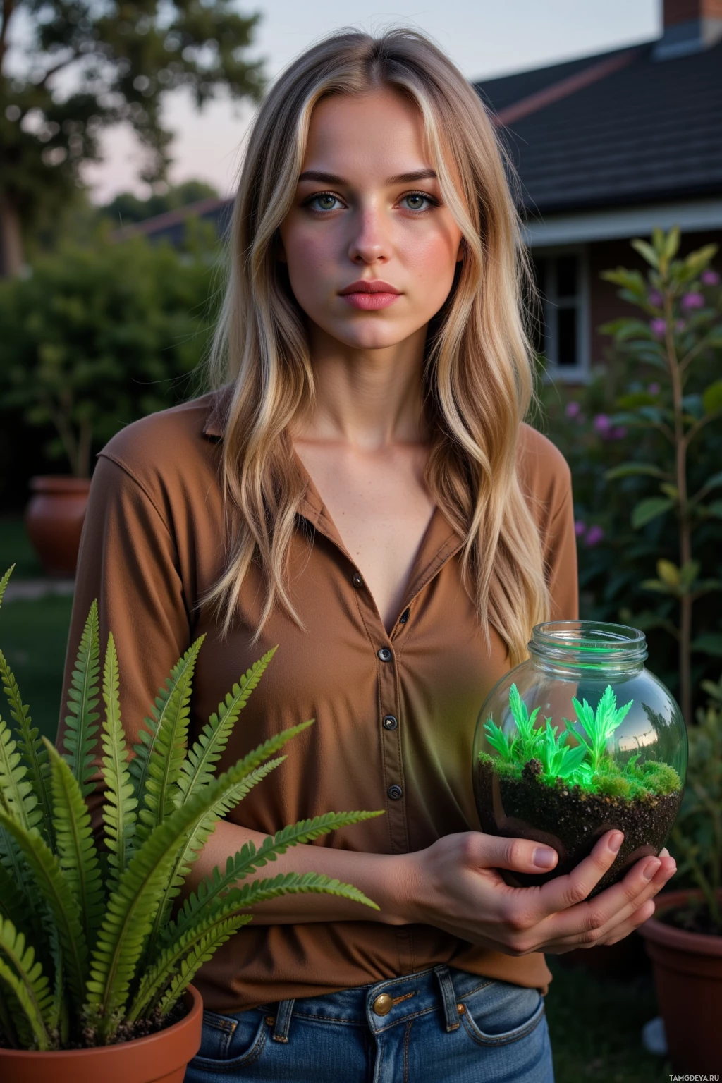 Realistic high quality photo. Woman, 26, long golden blonde hair and bright green eyes, soft features, wearing a loose earth-toned top and well-worn jeans, standing in a tidy garden at twilight, watching ferns’ leaves flick, arranging pots with precision, and tending a terrarium whose algae glow softly in the low evening light, serene and purposeful.