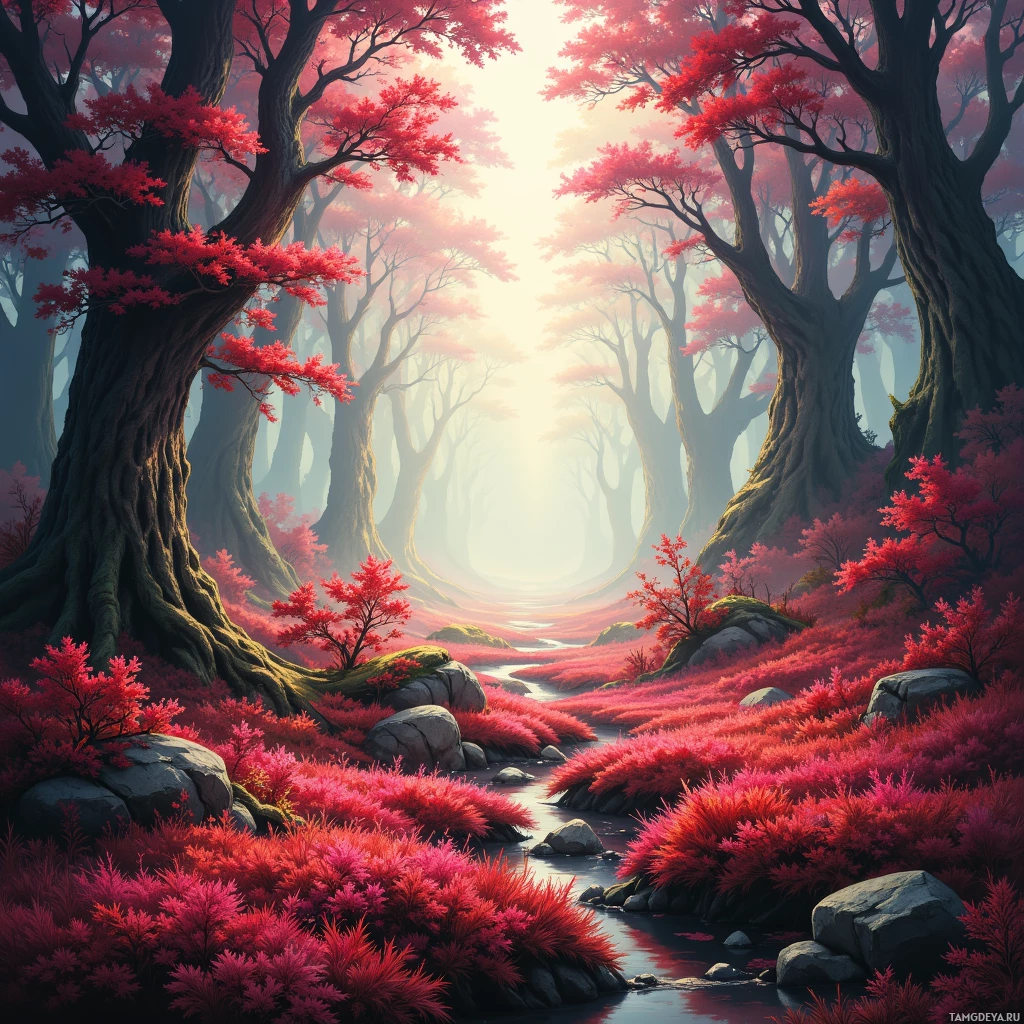 Semi-abstract image with many empty light space at center of beautiful background, that is suitable for the post:  Crimson moss pulses like a heartbeat, and I wonder if hope can bloom in its stubborn silence.