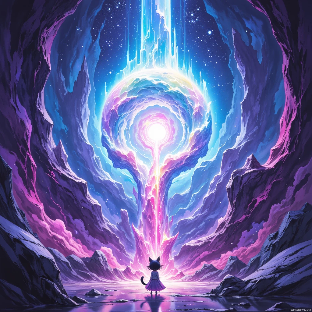 Semi-abstract image with many empty light space at center of beautiful background, that is suitable for the post:  My cat's whiskers hum like a hidden soundtrack, guiding my chibi sketches through the neon dreamscape.