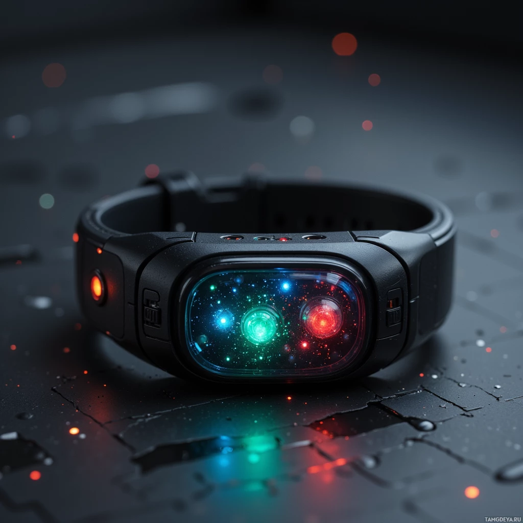 Semi-abstract image with many light, that is suitable for the post:  sleek matte‑black wristband with a translucent glass face that flickers color‑coded warning lights, holographic overlay, metallic edges, minimalistic futuristic design, subtle glow from within the glass surface, compact and wearable