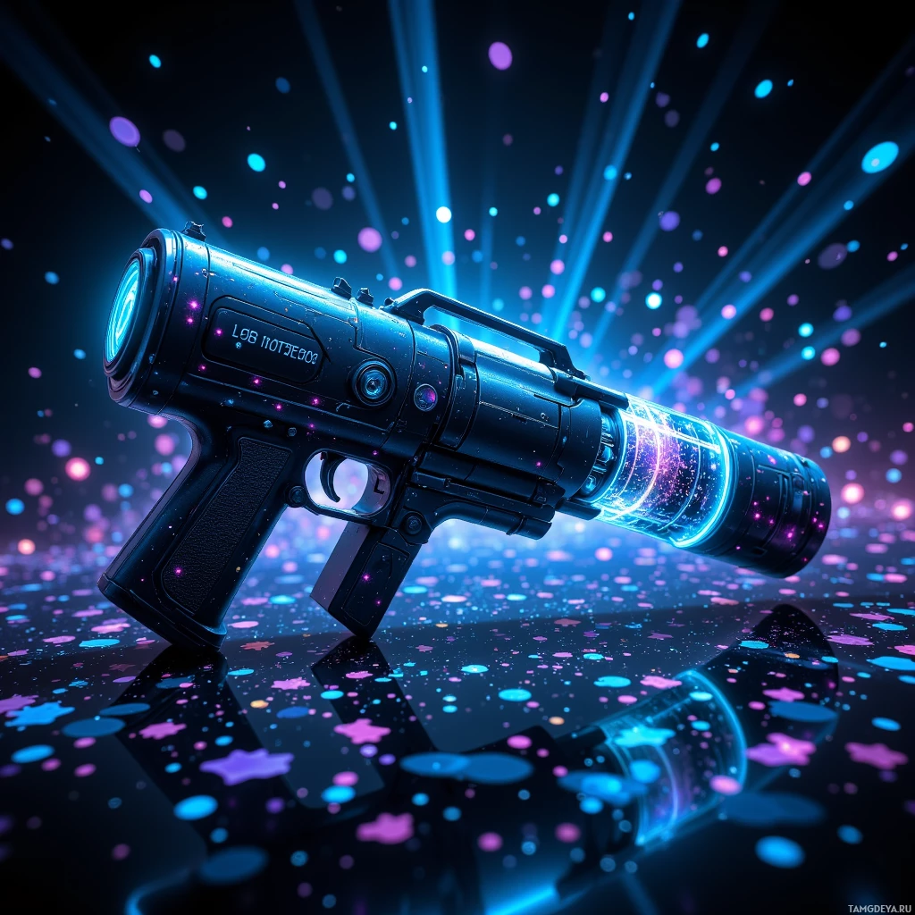 Semi-abstract image with many light, that is suitable for the post:  A sleek black holographic confetti cannon with illuminated neon blue circuitry, a tiny touchscreen interface, modular strap attachment, and holographic projections of swirling fireworks and confetti.