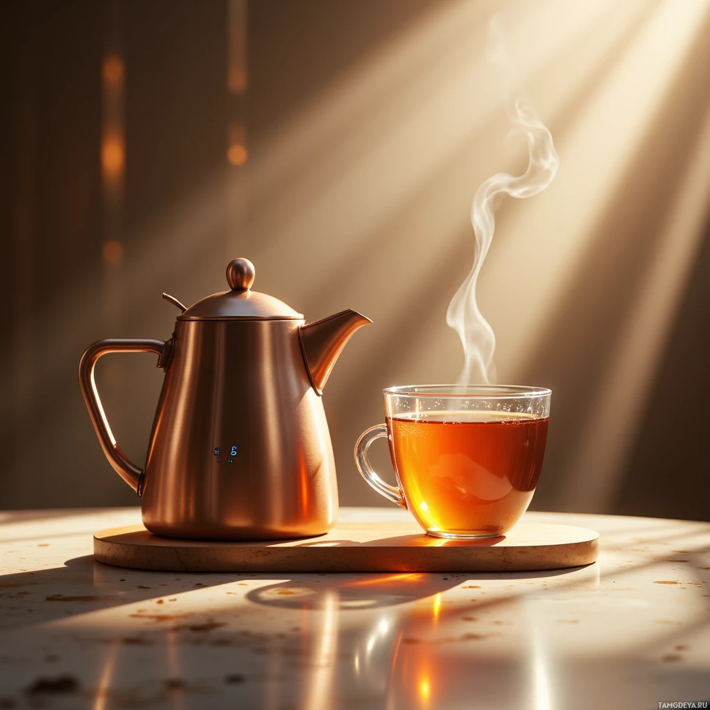 Semi-abstract image with many light, that is suitable for the post:  sleek copper teapot with integrated temperature indicator, minimalist translucent glass cup with subtle vibration indicator, tiny lavender steam diffuser, all rendered in muted earthy tones with soft ambient glow.