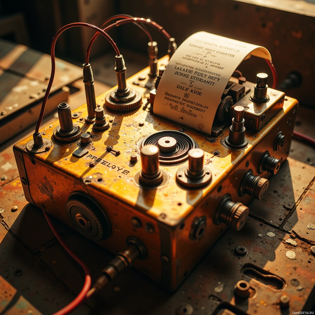 Semi-abstract image with many light, that is suitable for the post:  1984 hand‑cranked analog synthesizer in a dented brass shell, featuring a visible gear‑driven oscillator, a tiny thermal printer that prints haiku-like text, warm copper tones, worn metal textures, and a retro mechanical aesthetic.