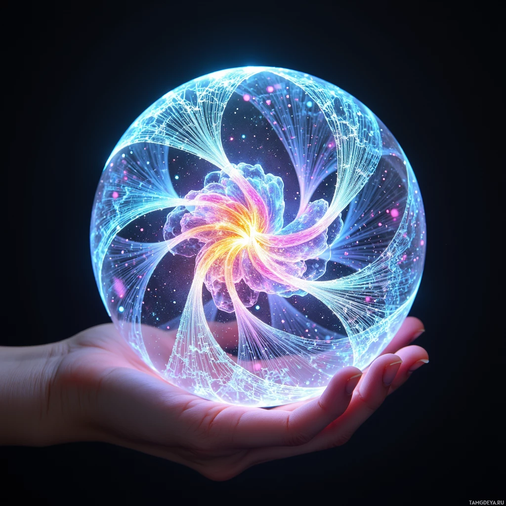 Semi-abstract image with many light, that is suitable for the post:  translucent silver‑glowing orb with iridescent fiber woven surface that shifts hues with a heartbeat, minimal bio‑tech design, projecting swirling chromatic patterns from its center, handheld and luminous.