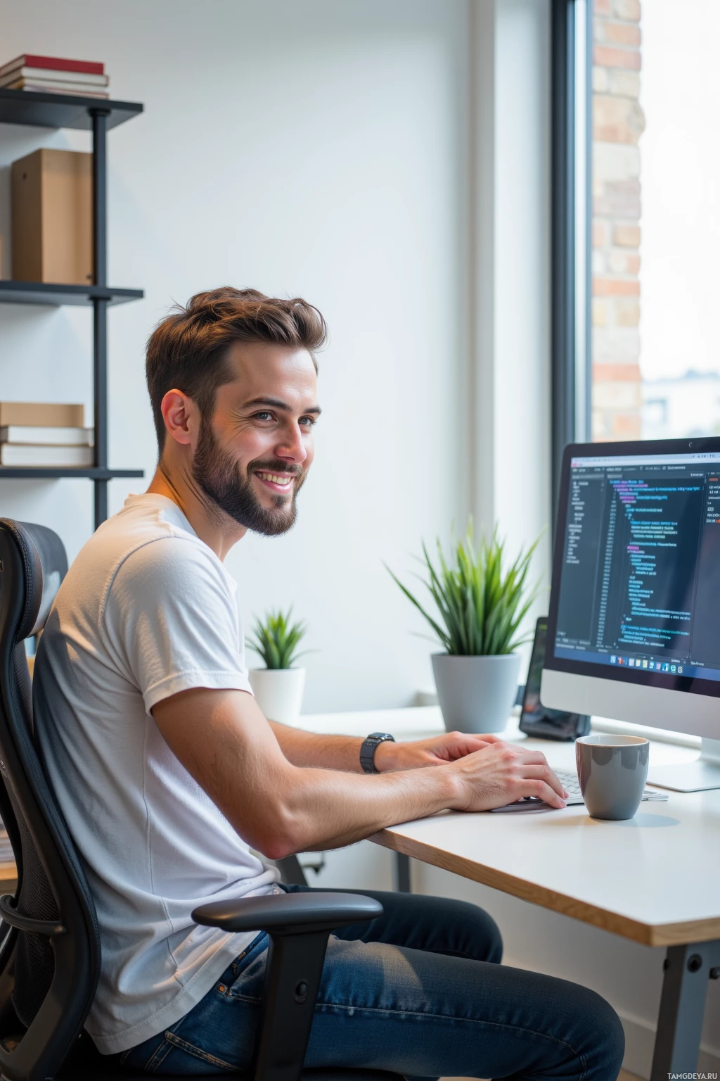 Realistic high quality photo. 33‑year‑old man with short brown hair, blue eyes, trimmed beard, in a white t‑shirt and blue jeans, sits at a modern desk in a bright office at morning, laptop screen shows blue‑highlighted code, he smiles as he hunts an off‑by‑one bug, a coffee mug and a potted plant beside him, natural light from window.