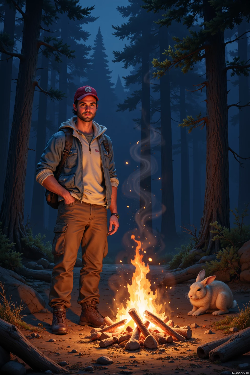 Realistic high quality photo. A man, 28, short light brown hair, bright blue eyes, wearing a red cap and casual comfortable clothes, stands with a confident smile beside a crackling bonfire in a midnight forest clearing, a stray rabbit dashes through scattered leaves while wind rustles the surrounding trees.