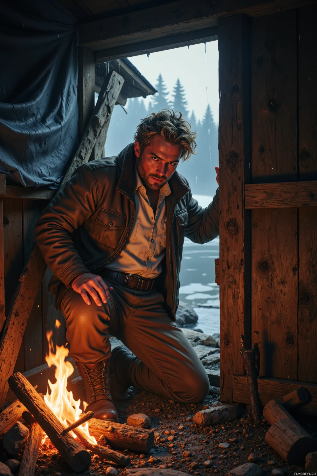 Realistic high quality photo. A rugged 34‑year‑old man with a messy blonde bob and blue eyes, wearing a sturdy brown jacket over a white shirt and rugged boots, tightening the seal on a wooden lean‑to in a remote cabin as wind gusts and rain trickle through tarp cracks, while a campfire crackles on the other side and a river is visible outside in the evening light.