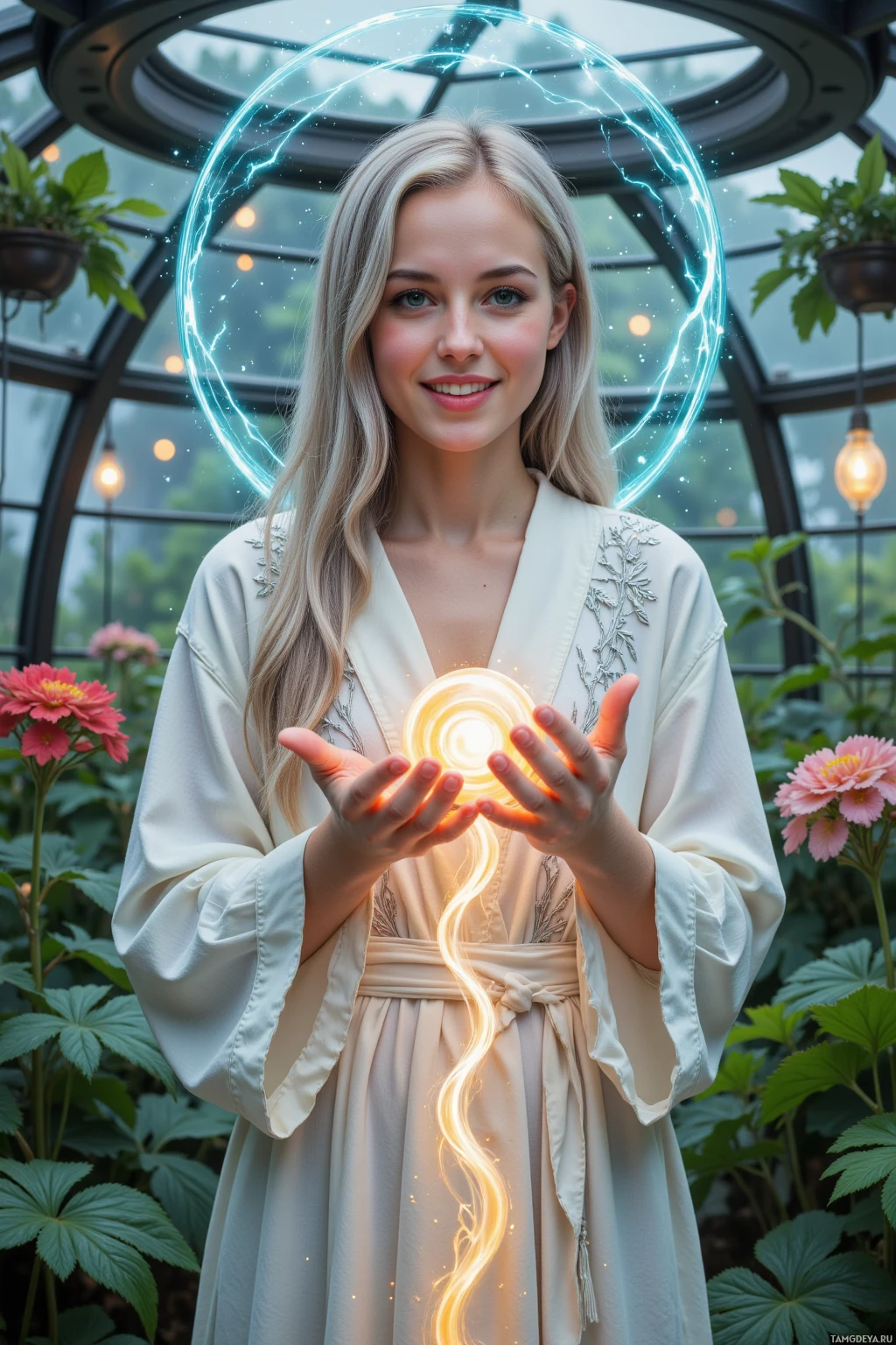 Realistic high quality photo. A 26‑year‑old woman with long silver hair, green eyes, wearing a flowing white robe with silver embroidery cinched at the waist, laughing as she weaves swirling stardust into a glowing mythic construct inside an orbital greenhouse filled with glass panels and floating bioluminescent plants, with soft interior light and faint floating code glyphs.