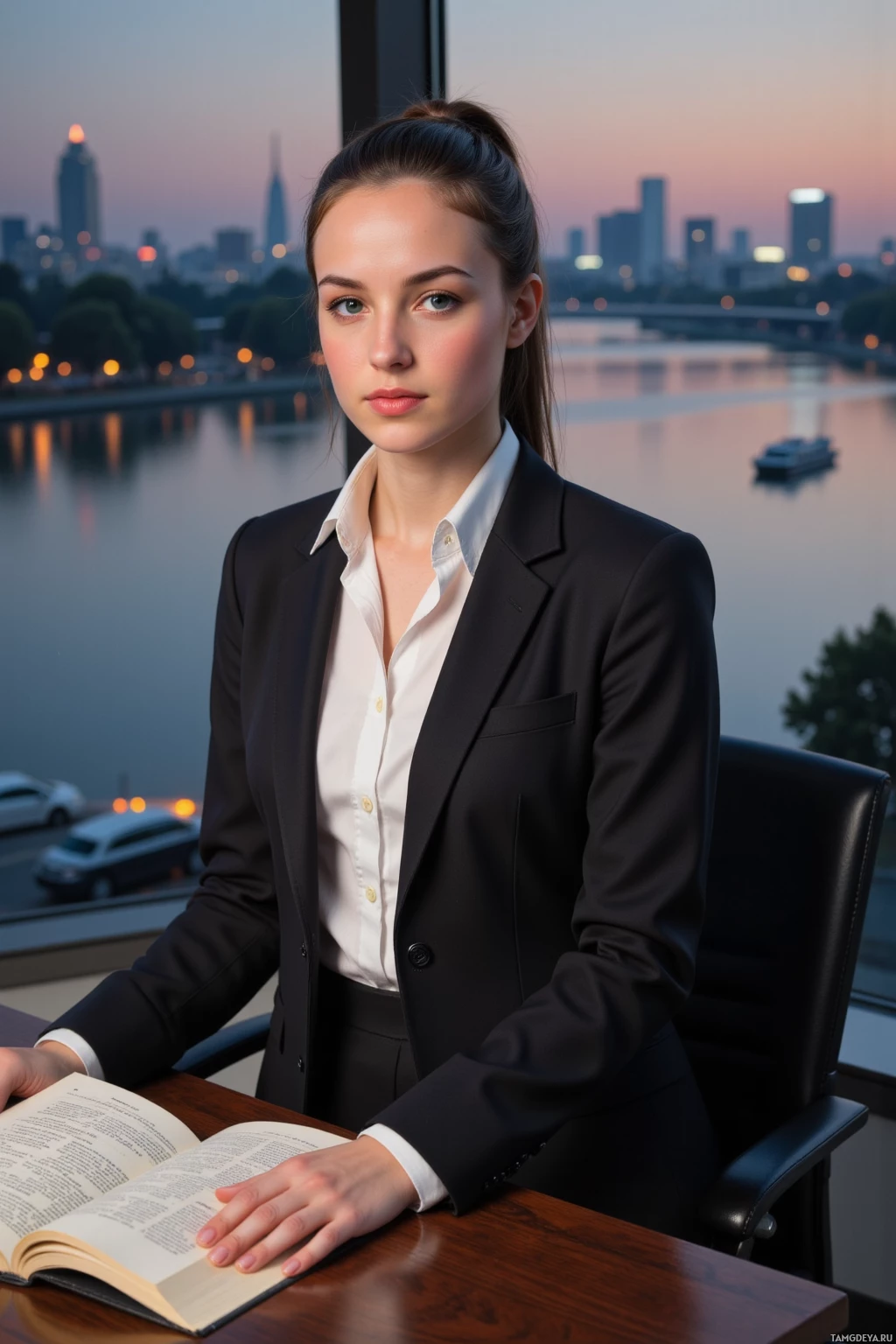 Realistic high quality photo. Confident female lawyer with long black hair in a neat bun, bright blue eyes, wearing a tailored black blazer over a white blouse and black pencil skirt, poised at a mahogany desk by a window overlooking a silver river at twilight, city lights reflected as watercolor splashes on the water, an open legal atlas beside her.