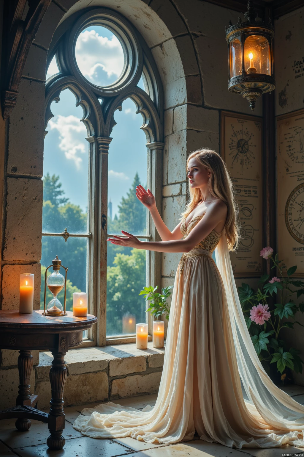 Realistic high quality photo. A woman, 29, long flowing blonde hair, blue‑green eyes, pale radiant skin, wearing an elegant gown with gold highlights, stands in a moonlit chamber with a hanging lantern over the window, candles swirling in the wind, an hourglass on a stone table, ancient star charts on the walls, as she moves through the ritual space, her hands gesturing over the flickering light.