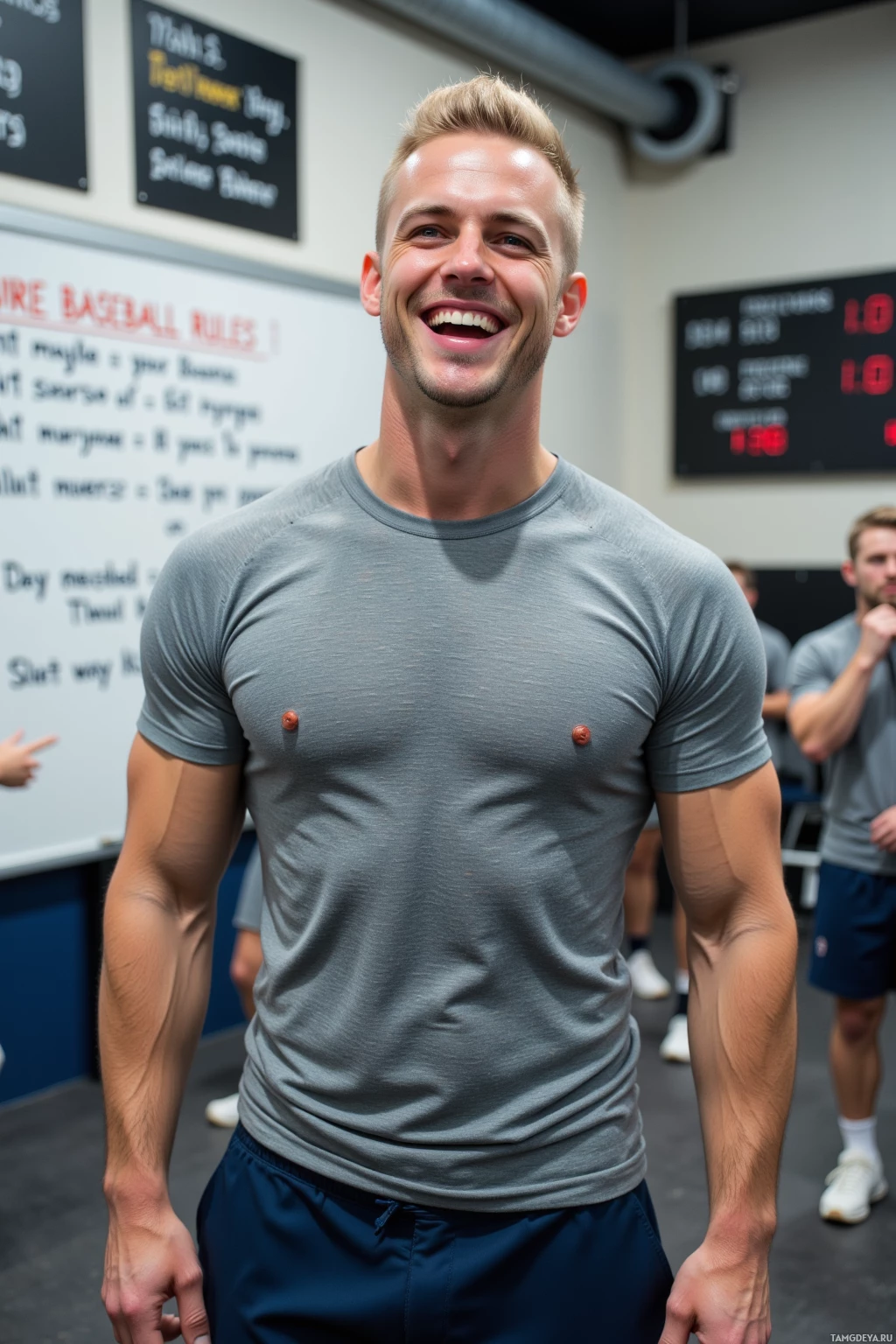 Realistic high quality photo. A 32‑year‑old male trainer with shaved blonde hair, blue eyes, fair skin, wearing a fitted grey athletic t‑shirt and dark blue joggers, mid‑laugh in a bright indoor gym with a whiteboard of obscure baseball rules, surrounded by teammates in baseball uniforms reciting the stats, with a basketball hoop and locker room backdrop.