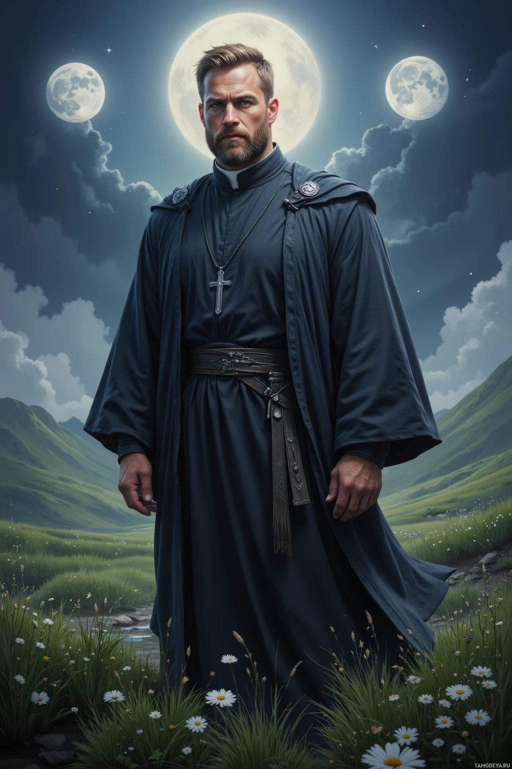 Realistic high quality photo. Man, 45, short light brown hair, piercing blue eyes, fair skin, strong features with a slight crease between his eyebrows, wearing a dark clerical robe that falls just above his ankles and a silver cross pendant, standing in a tranquil valley with dew‑laden grass, wind gently swirling, twin moons illuminating the scene, exuding calm wisdom.