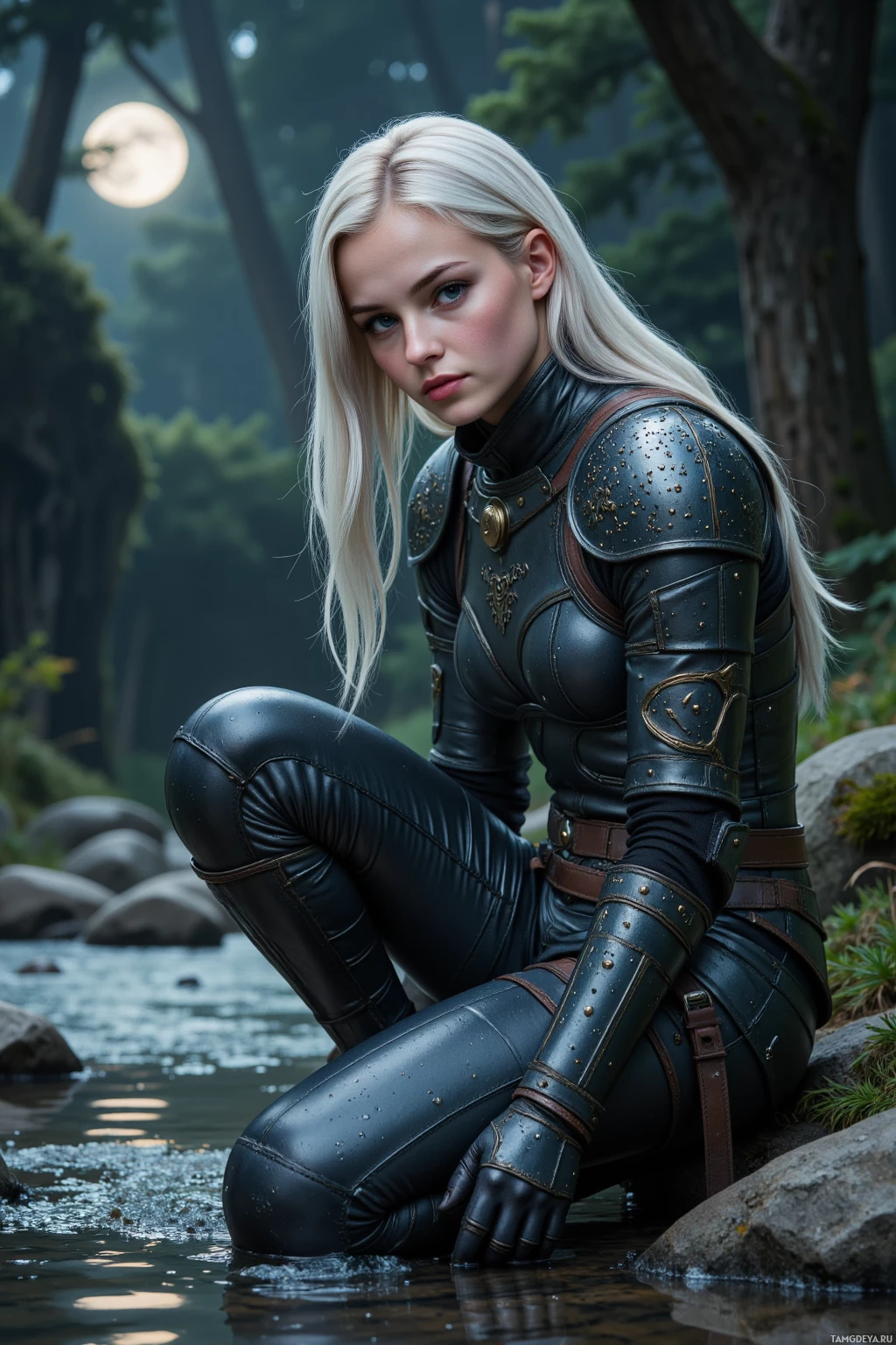 Realistic high quality photo. A slender 23‑year‑old woman with straight silver hair, piercing green eyes, porcelain skin, wearing lightweight intricately detailed armor, crouched in stealth beside a silvered river curve at night, hidden grove of ancient stones shrouded in shadowy forest, moonlit glow, calm poised observation.
