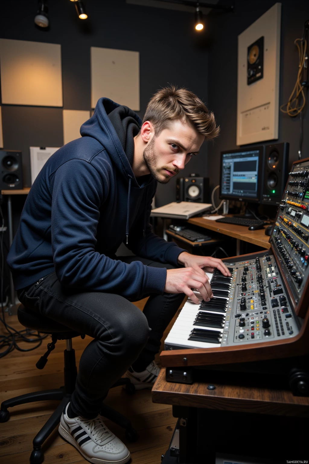 Realistic high quality photo. A 28‑year‑old man with brown hair on top, shaved sides, blue eyes, wearing a loose hoodie and sneakers, twisting a modular synthesizer knob in a dimly lit studio filled with acoustic panels, tangled cables, and a bank of monitors, his face a blend of intense focus and impatience as faint hisses echo off the walls.
