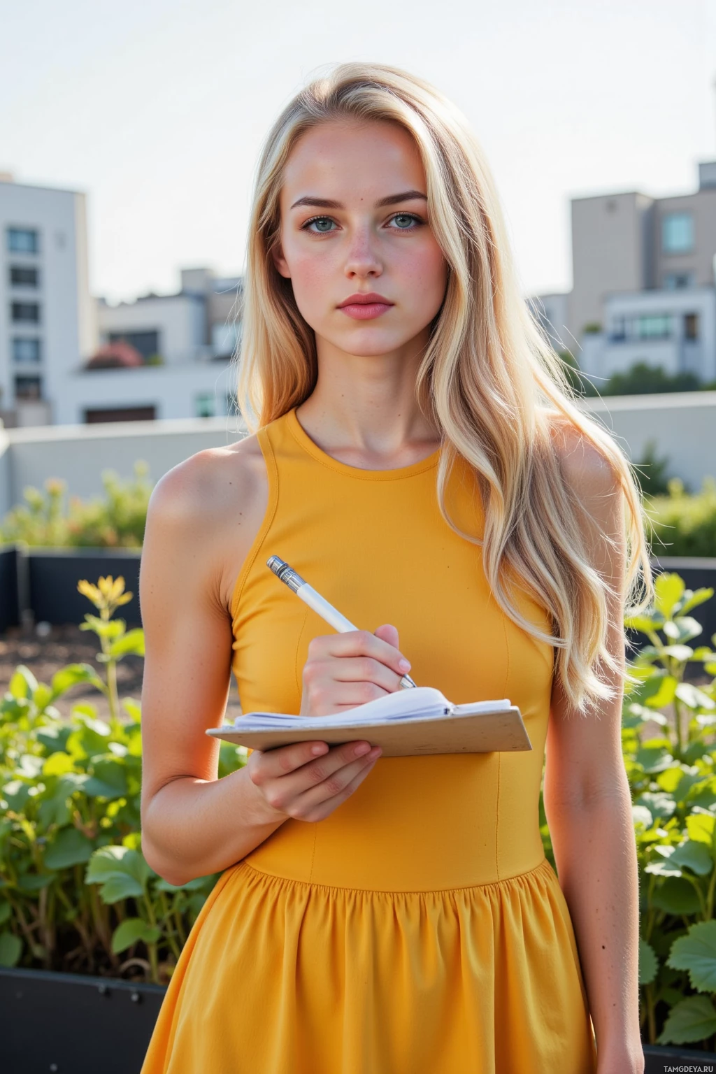 Realistic high quality photo. A 29‑year‑old woman with long blonde hair, bright blue eyes, pale skin, wearing a bright yellow dress, stands on a school rooftop garden at first light, drafting a solar panel proposal on a clipboard as seedlings unfurl around her, surrounded by modern urban rooftops and a sense of hopeful determination.