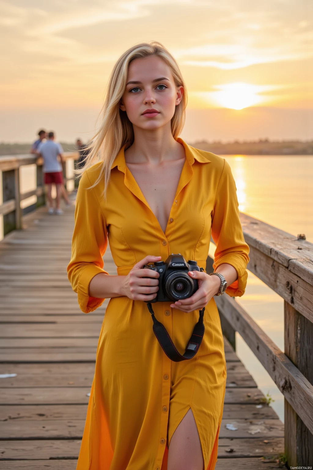 Realistic high quality photo. A 26‑year‑old woman with shoulder‑length blonde hair, bright blue eyes, in a flowing yellow dress, standing on an old wooden pier at sunset, holding a DSLR camera steady as golden light kisses the wood.