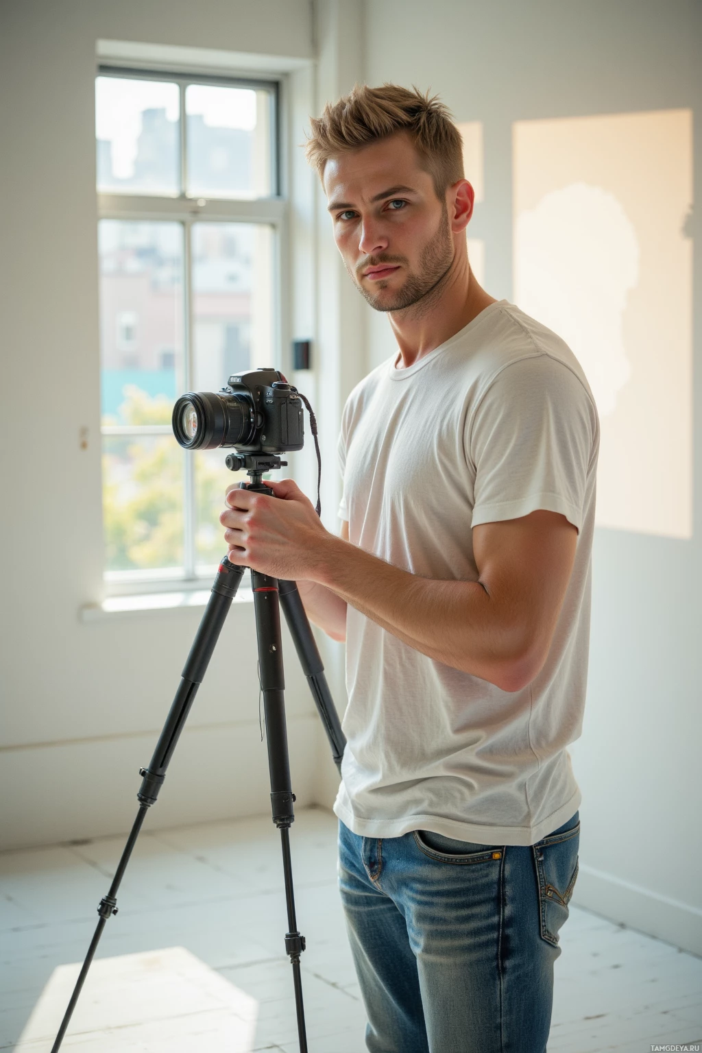 Realistic high quality photo. Male 28 with short blonde hair, pale skin, blue eyes, wearing a white T-shirt and well‑worn jeans, standing in a minimalist studio corner with a window bathing the space in late afternoon light, holding a camera on a tripod set to low aperture, framing a single line of light while the distant hiss of a subway and the sound of paper folding echo in the background.