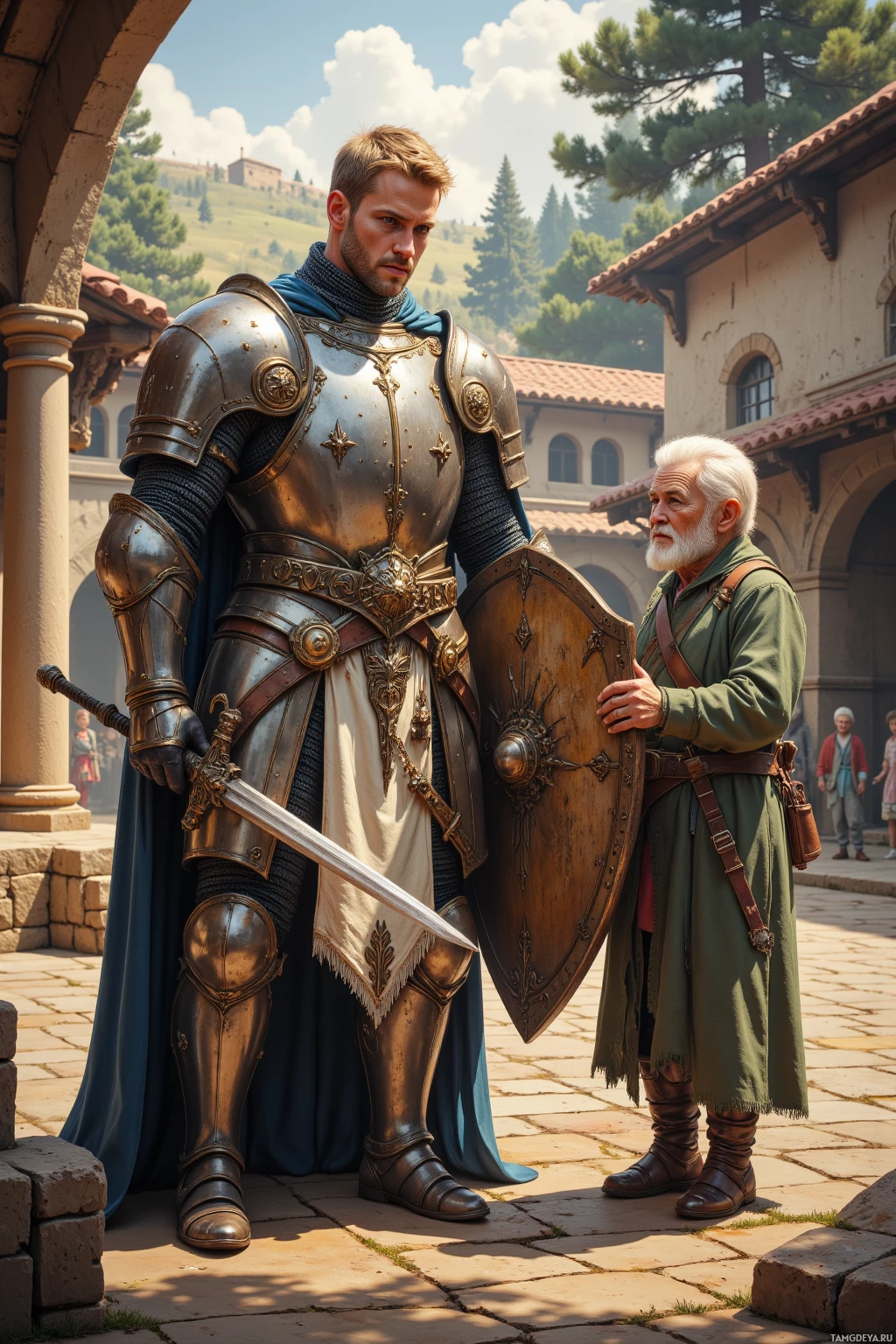 Realistic high quality photo. A tall, broad‑shouldered man with short blonde hair, piercing blue eyes and a chiseled jaw, clad in gleaming polished armor with a noble crest, stands in a sunlit courtyard at dawn beside an elderly woman in simple rustic clothing, offering her a polished shield while pine trees border the courtyard and a few laughing children play in the background, his sword at his side, cloak flowing, leather gloves worn.