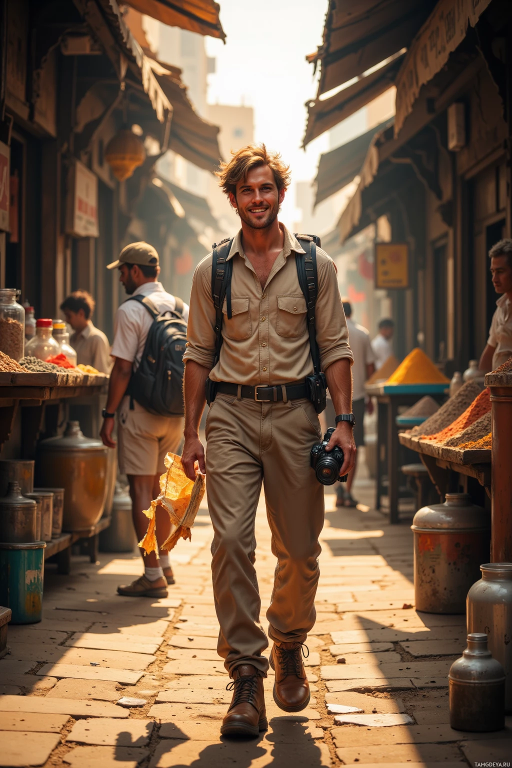Realistic high quality photo. A 29‑year‑old man with tousled light brown hair, bright blue eyes, and fair skin, wearing a beige shirt, rugged pants, sturdy hiking boots, a backpack, and holding a camera, walking through a narrow spice alley of a bustling street market at dawn, with vendors selling cumin, holding a rubber duck and a torn map, his grin bright.