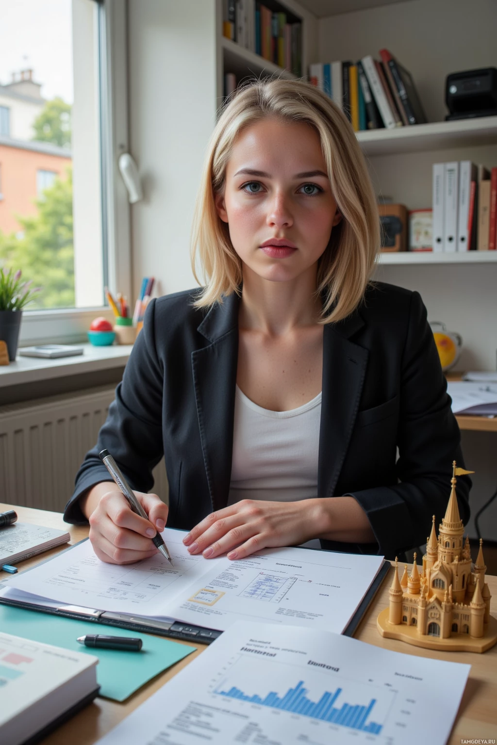 Realistic high quality photo. 26‑year‑old woman with light blonde bobbed hair, green eyes, wearing a dark jacket over a white shirt and jeans, sits at a cluttered home office desk in the afternoon, meticulously annotating a PDF on a laptop while surrounded by printed screenshots, a tiny model castle trophy, her face a blend of exasperated triumph and calm focus.