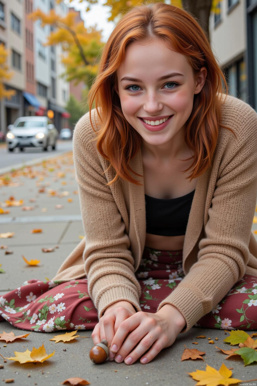 Realistic high quality photo. A 21‑year‑old woman with fiery red wavy hair, fair skin with freckles, bright blue eyes, wearing a flowing floral skirt and cozy earth‑toned cardigan, laughing as she traces patterns on a fallen acorn on a concrete sidewalk, surrounded by rustling leaves and pockets of wild seeds sprouting against the daytime city backdrop.