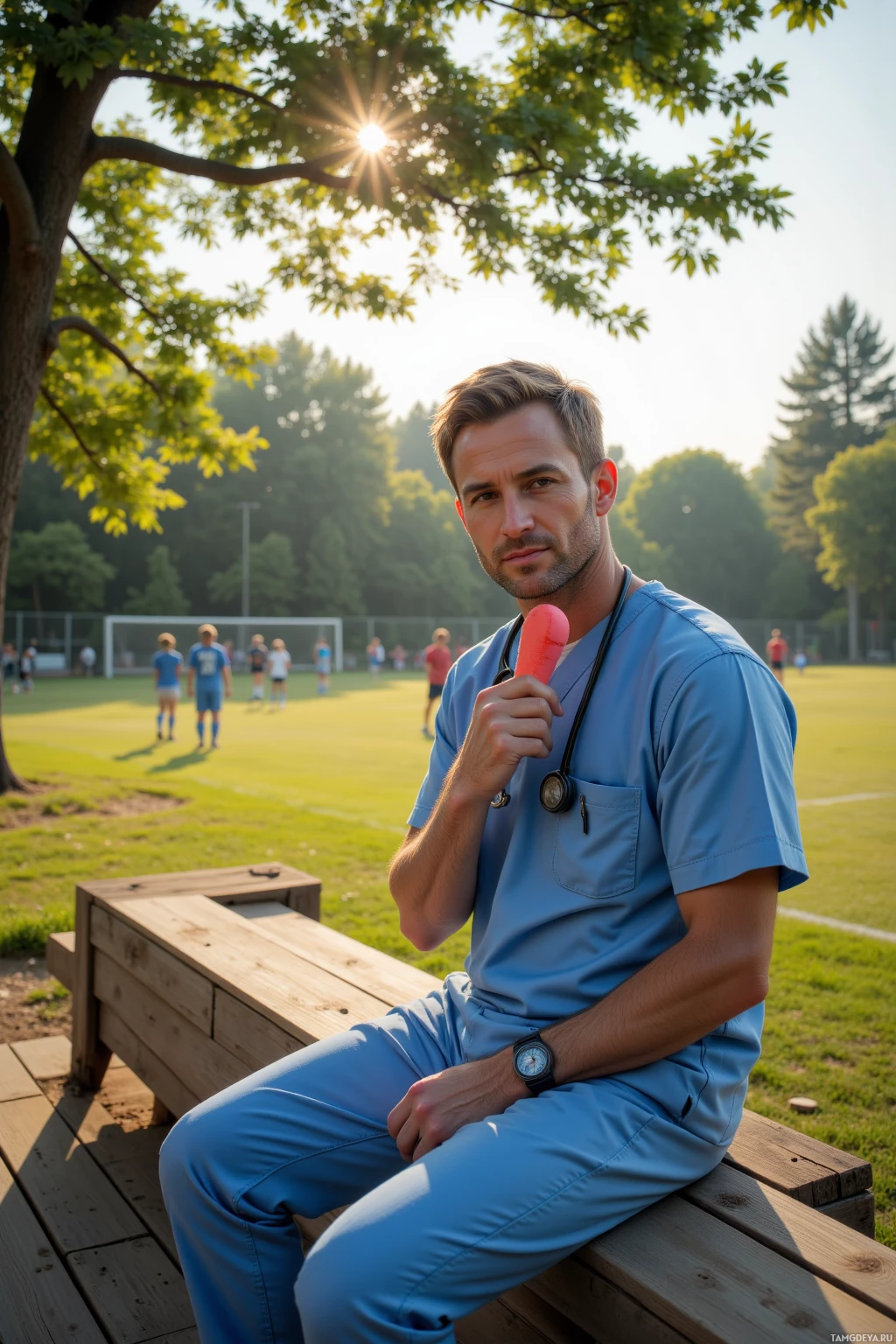 Realistic high quality photo. A 32‑year‑old man with light brown hair streaked with silver, calm green eyes, fair skin, round face, wearing medical scrubs and a stethoscope, sits on a wooden bleacher of a suburban soccer field at noon, clutching a foam finger and watching children play with a steady, supportive expression as sunlight filters through trees.