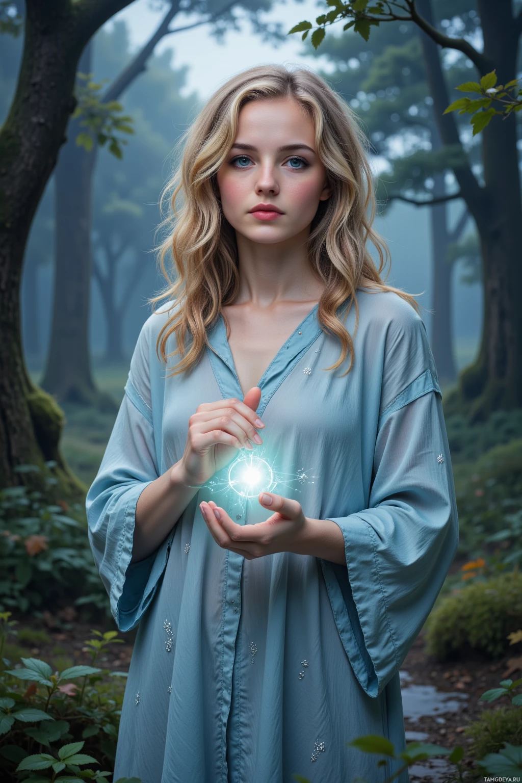 Realistic high quality photo. A 24‑year‑old woman with curly blonde hair, light blue eyes, wearing a flowing light‑blue tunic with subtle natural patterns, stands in a moonlit forest where silver moonlight filters through a canopy of rustling leaves, gently weaving a shimmering thread around her thoughts amid tranquil, whispering trees.