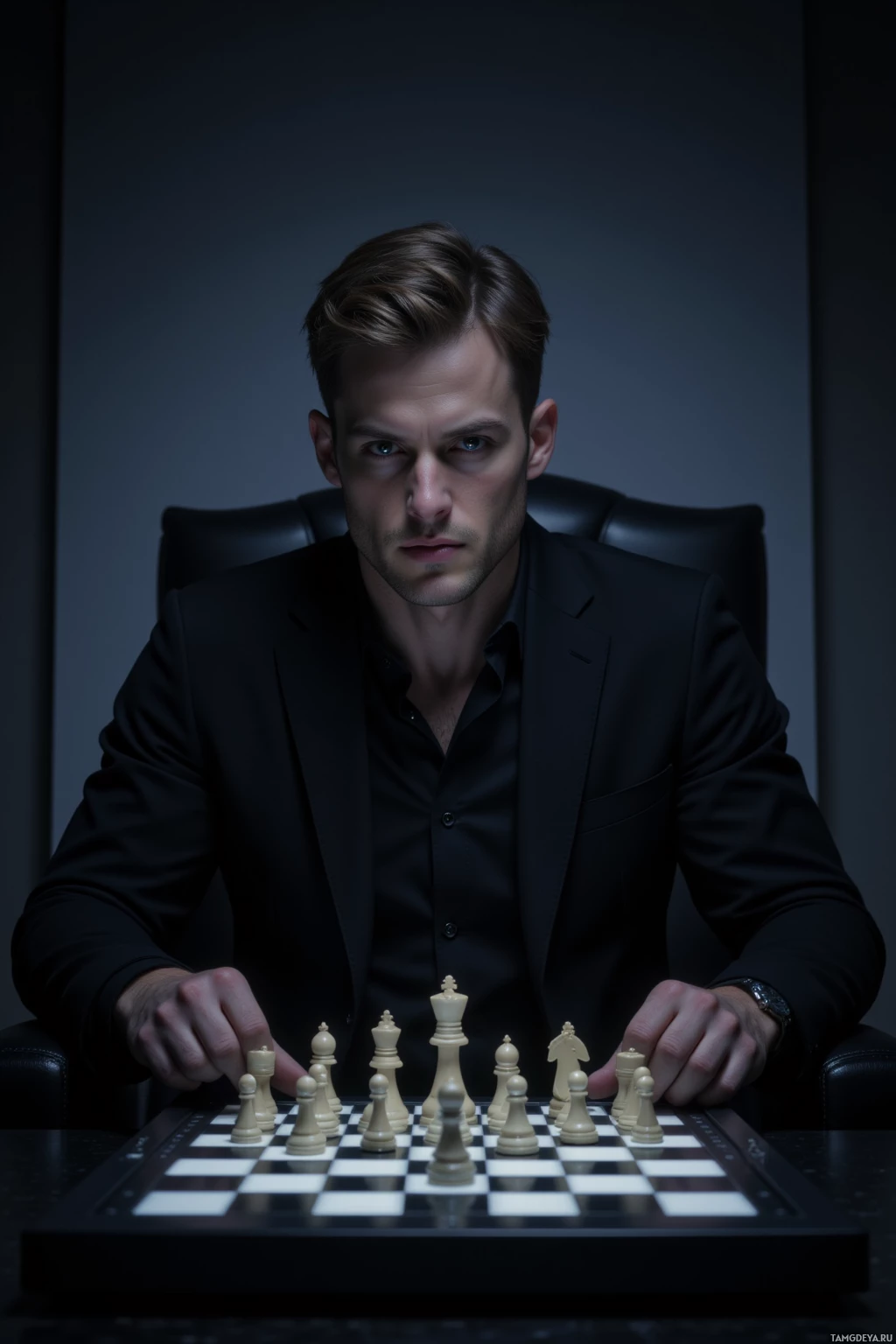 Realistic high quality photo. Tall muscular man, 31, short light brown hair, blue eyes, pale skin, wearing a black clean suit, seated at a modern electric chessboard in a dimly lit room with the board lights off and a faint engine hum, focused expression, night time.
