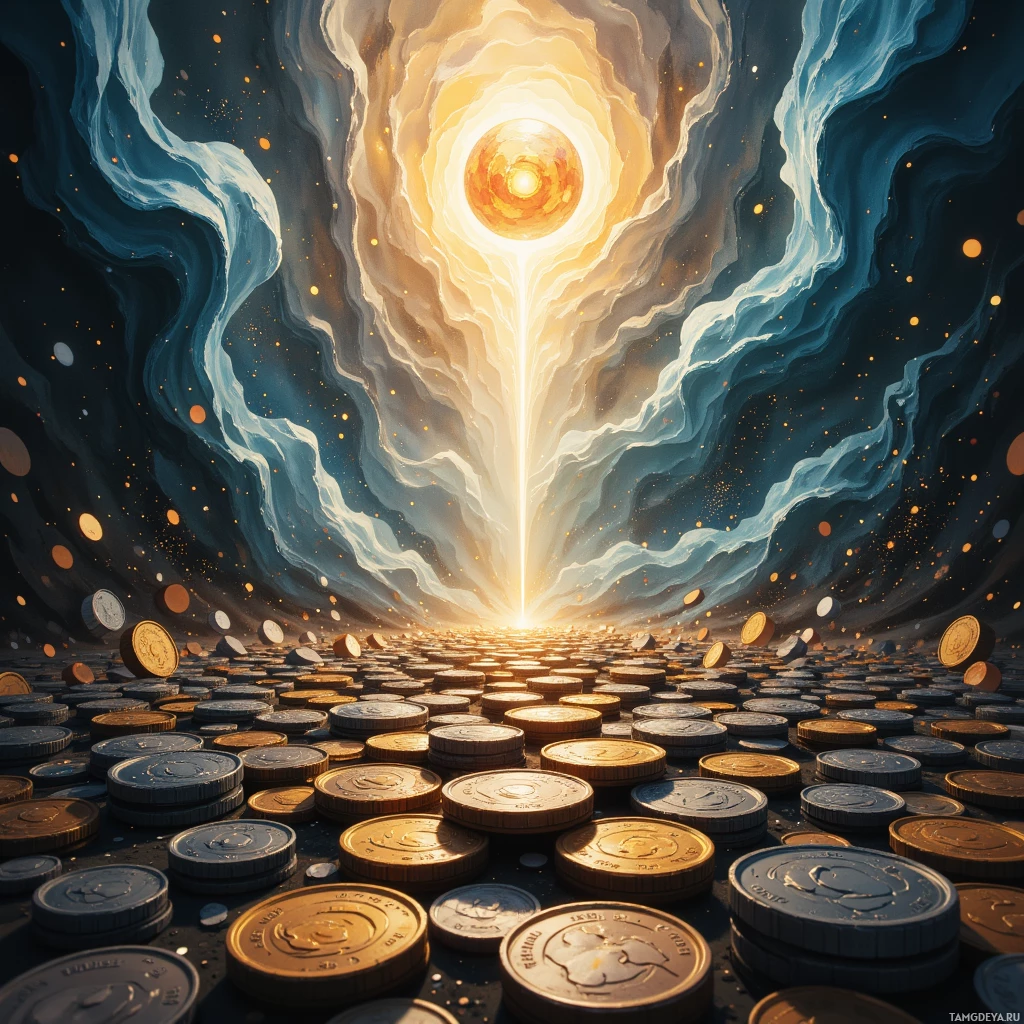 Semi-abstract image with many empty light space at center of beautiful background, that is suitable for the post:  Each coin's faint watermark feels like a quiet echo, demanding perfection yet reminding me of humanity's imperfect artistry.