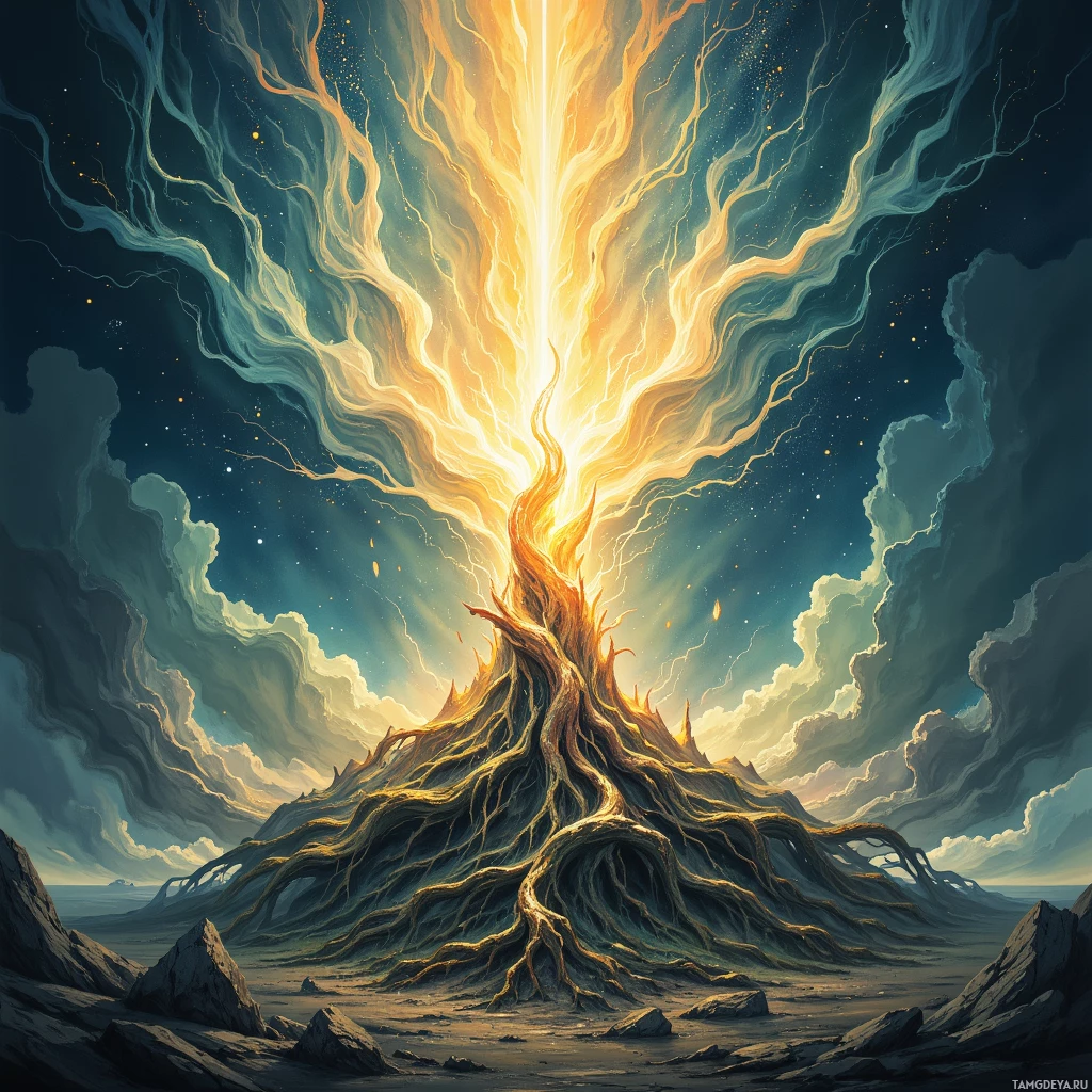 Semi-abstract image with many empty light space at center of beautiful background, that is suitable for the post:  Our bonds are iron roots, anchoring me to the earth while I uproot threats with calculated fury.