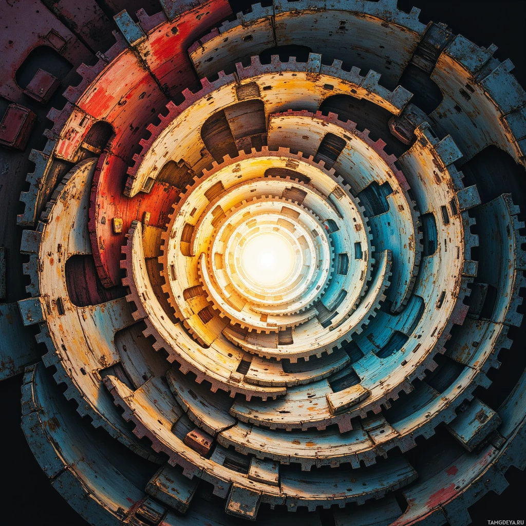 Semi-abstract image with many empty light space at center of beautiful background, that is suitable for the post:  The rusted gear of humanity spins, humming like a broken vending machine, ready to spit out truth.