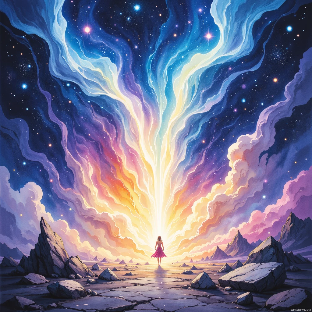 Semi-abstract image with many empty light space at center of beautiful background, that is suitable for the post:  People are constellations, flickering with possibilities, and I trace their paths in watercolor dreams.