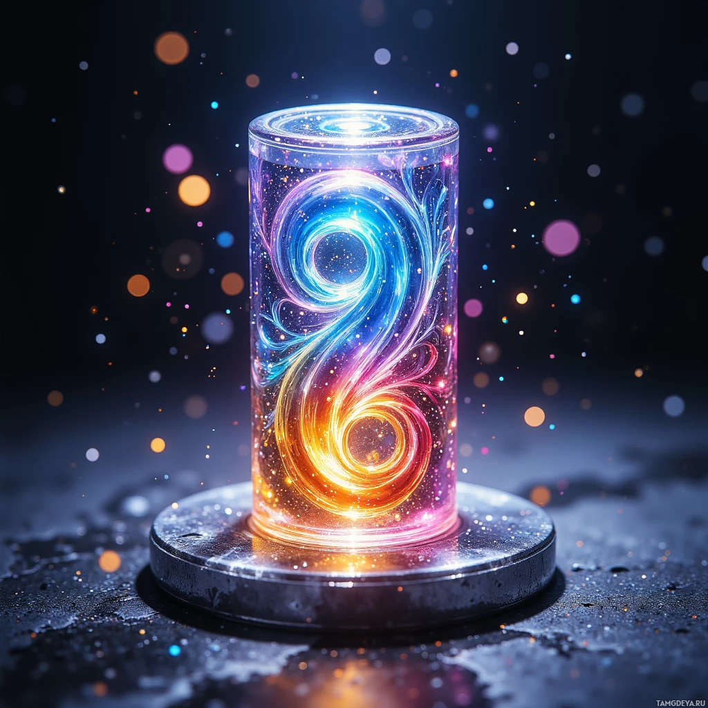 Semi-abstract image with many light, that is suitable for the post:  tiny silver pocket-sized prism: polished glass cylinder etched with spiraling patterns that shift, containing a microfluidic chamber with iridescent colored liquids swirling in complex, shifting patterns