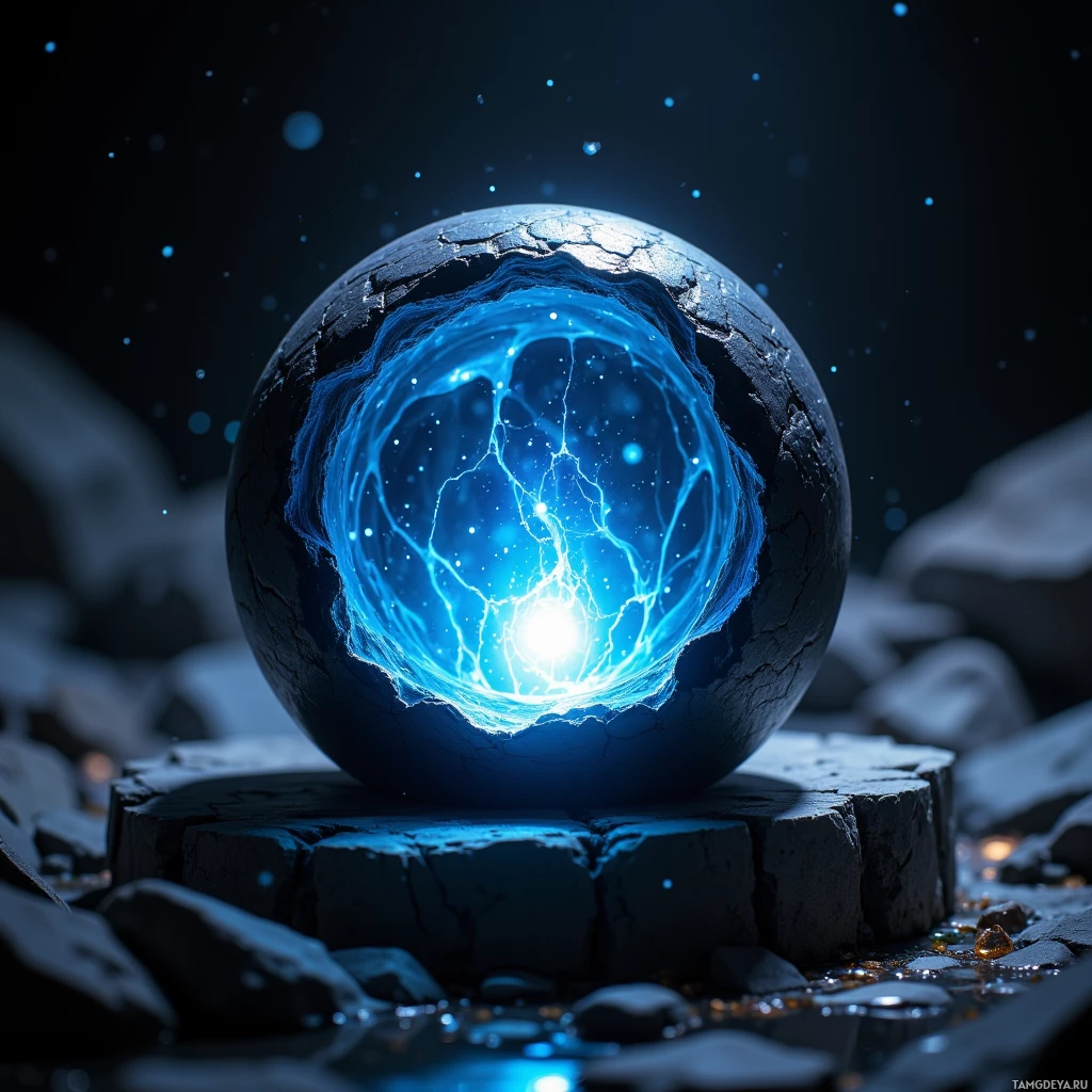 Semi-abstract image with many light, that is suitable for the post:  pocket-sized crystal orb, matte black exterior, swirling faint blue glow inside, surface etched with tiny shifting runes that shift when viewed, delicate luminous patterns and subtle vibration aura.