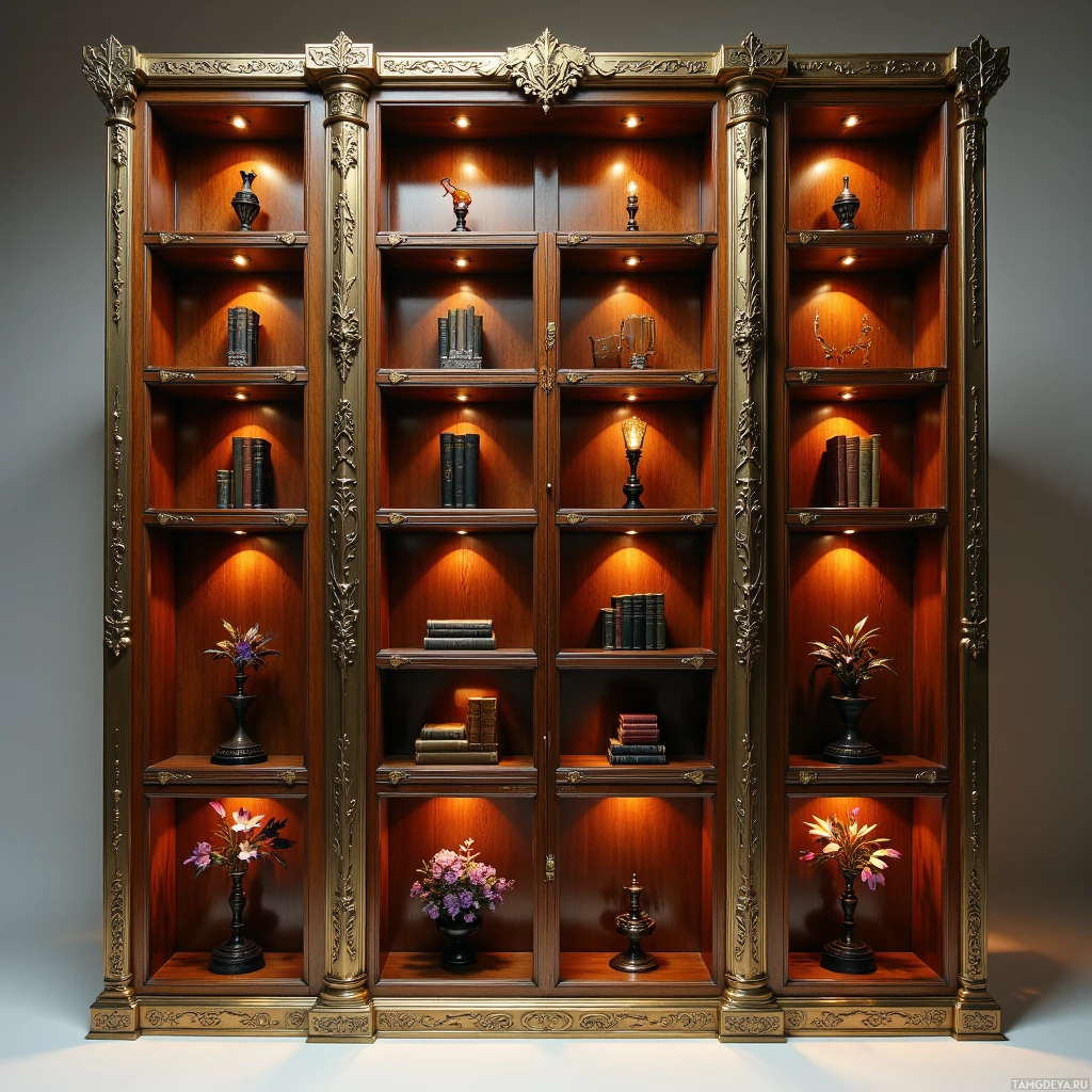 Semi-abstract image with many light, that is suitable for the post:  Automated mahogany bookcase with 12 sliding metal shelves, a brushed brass frame featuring hand‑engraved fleur‑de‑lis motifs, tiny servos tilting each shelf, integrated sensor housings, and a sleek, industrially elegant finish.