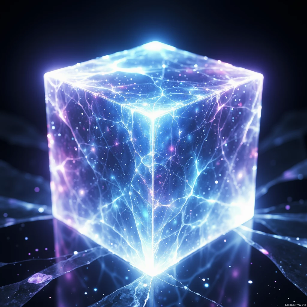 Semi-abstract image with many light, that is suitable for the post:  A sleek crystal-colored cube with a glassy, iridescent surface that flickers with dynamic data streams and projects holographic avatars, featuring glowing edges and translucent facets.